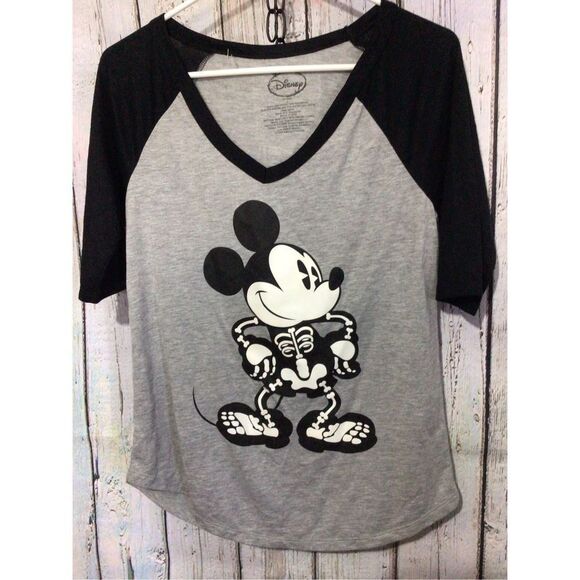 Disney Mickey Mouse Skeleton V Neck Tee Size Large Junior Women’s Gray Blak - Picture 13 of 14